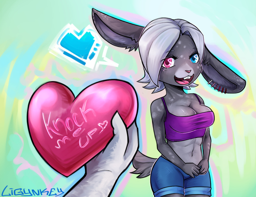 &lt;3 5_fingers ambiguous_gender anon anthro blue_clothing blue_eyes bottomwear breasts buckteeth clothed clothing crop_top digital_media_(artwork) duo ear_piercing ear_ring english_text faceless_character female fingers flirting flirting_with_viewer fur furgonomics furry-specific_piercing grey_body grey_fur hair heterochromia holding_object impregnation_request lagomorph lashes leporid light_belly ligynkey looking_at_viewer mammal midriff open_mouth piercing pink_eyes pink_nose pink_tongue purple_clothing rabbit ring_piercing shirt short_hair shorts signature solo_focus spots teenager teeth text tongue topwear white_hair young