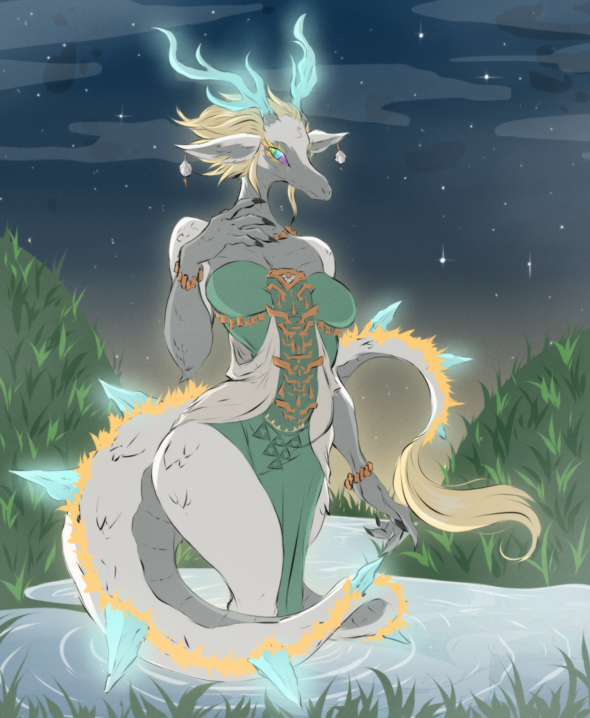 accessory anthro blonde_hair bodily_fluids breasts clothed clothing ear_piercing eyelashes female grass hair hi_res horn jewelry light_dragon_(totk) long_tail necklace night nintendo piercing plant pond scalie sky solo star starry_sky tail tears tears_of_the_kingdom the_legend_of_zelda white_body