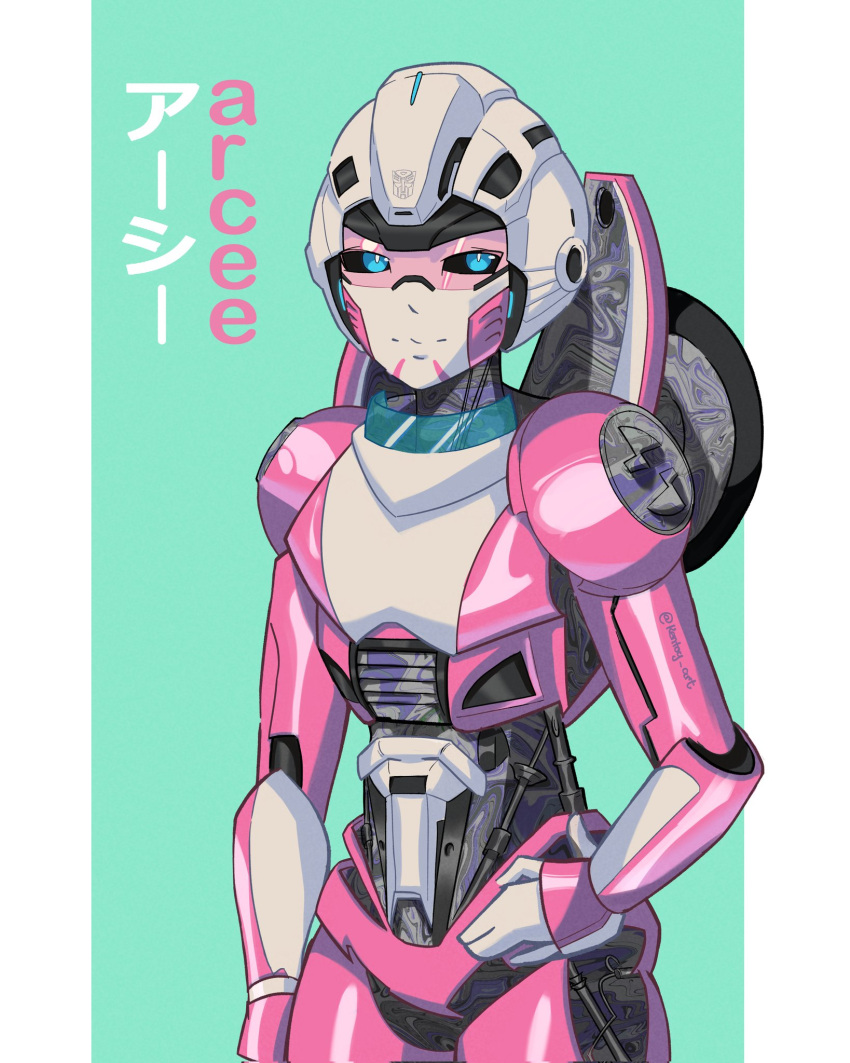 1girl arcee blue_eyes breasts green_background hand_on_own_hip helmet highres humanoid_robot kentoy_art mechanical_parts panties pink_panties robot simple_background small_breasts solo transformers transformers:_rise_of_the_beasts transformers_(live_action) underwear