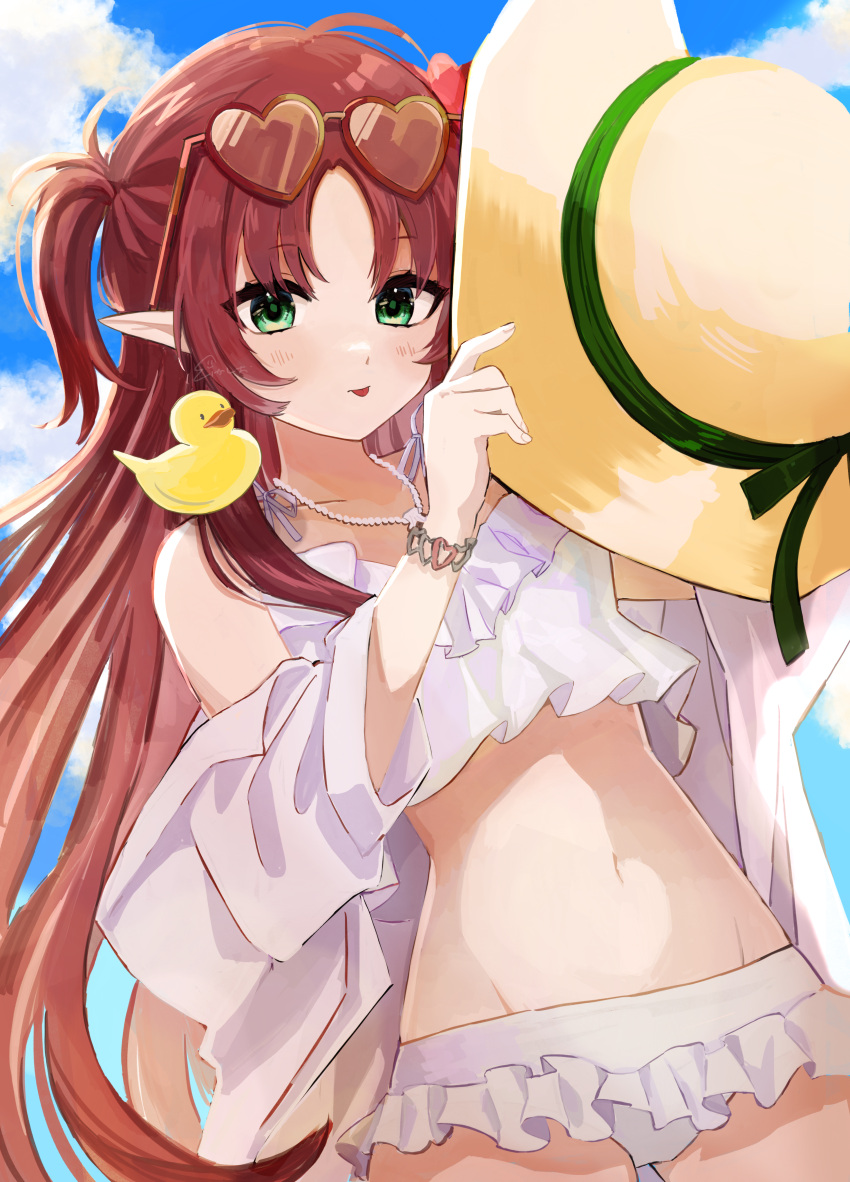 1girl absurdres arknights bare_shoulders bikini blue_sky brown_hair cloud commentary_request cowboy_shot day eyewear_on_head hat heart heart-shaped_eyewear highres holding holding_clothes holding_hat k-yosinori myrtle_(arknights) myrtle_(summer_flowers)_(arknights) navel official_alternate_costume one_side_up rubber_duck sky solo standing stomach sunglasses swimsuit white_bikini