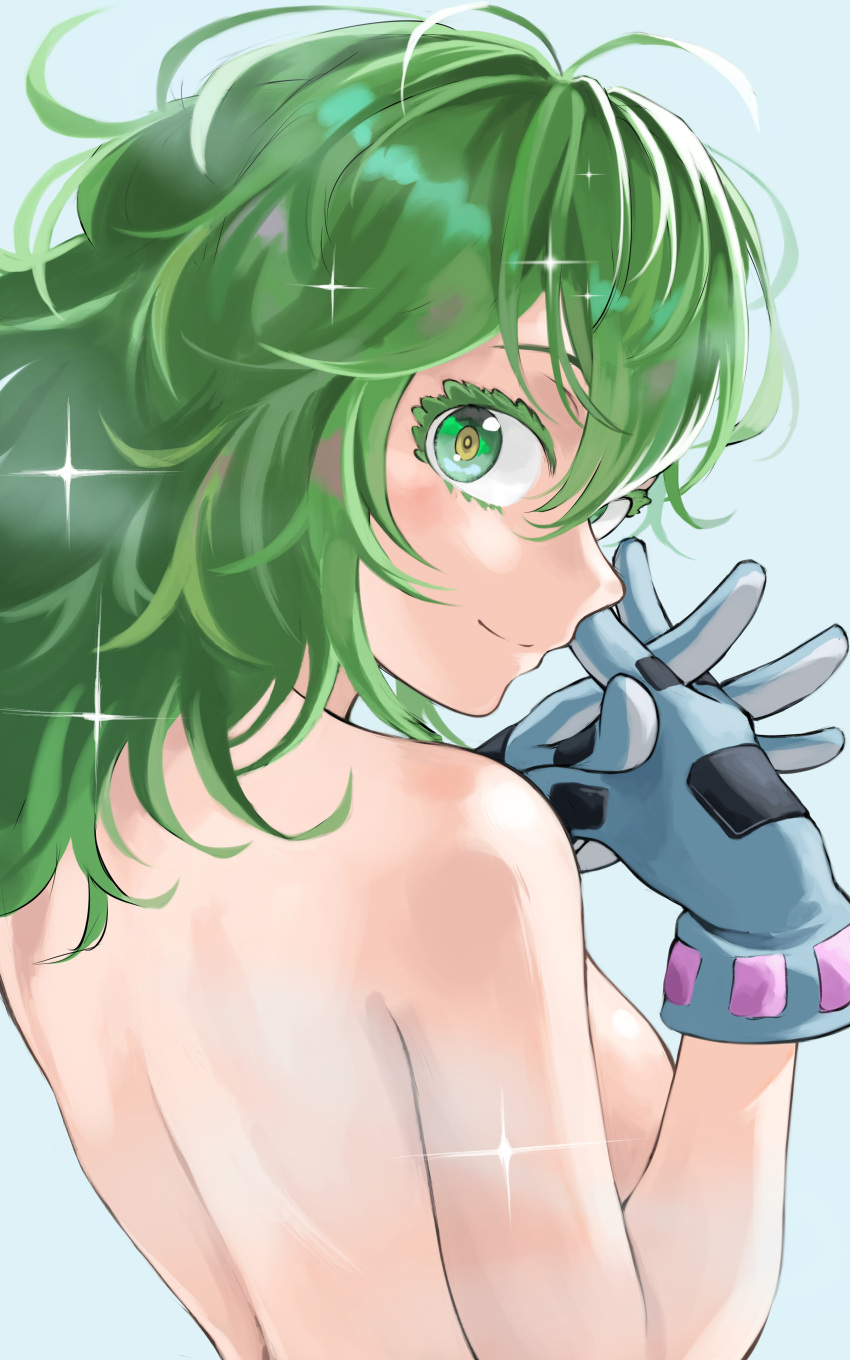 1girl absurdres blue_gloves boku_no_hero_academia breasts closed_mouth fengling_(furin-jp) gloves green_eyes green_hair hagakure_tooru highres long_hair medium_breasts messy_hair nude smile solo thick_eyelashes unusually_visible