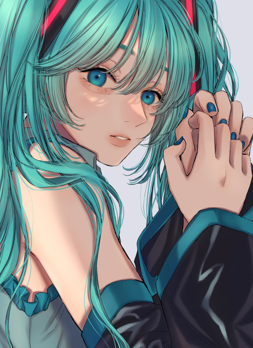 1girl absurdres aqua_hair armpit_peek bags_under_eyes blue_eyes blue_nails detached_sleeves frilled_sleeves frills grey_shirt hair_between_eyes hatsune_miku highres long_hair nail_polish norimaki_(seidan0611) parted_lips shirt simple_background solo twintails upper_body vocaloid white_background