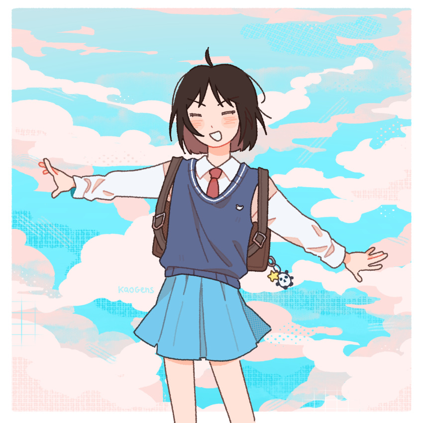 1girl arms_up artist_name bag bag_charm bare_legs black_hair blue_skirt blue_sky blue_sweater_vest blush_stickers border brown_bag charm_(object) cloud cloudy_sky collared_shirt commentary day dot_nose dress_shirt english_commentary facing_viewer feet_out_of_frame highres iwakura_mitsumi kaogens legs_apart long_sleeves necktie outdoors parted_bangs pleated_skirt red_necktie school_bag school_uniform shirt short_hair skip_to_loafer skirt sky smile solo sweater_vest v-shaped_eyebrows white_border white_shirt