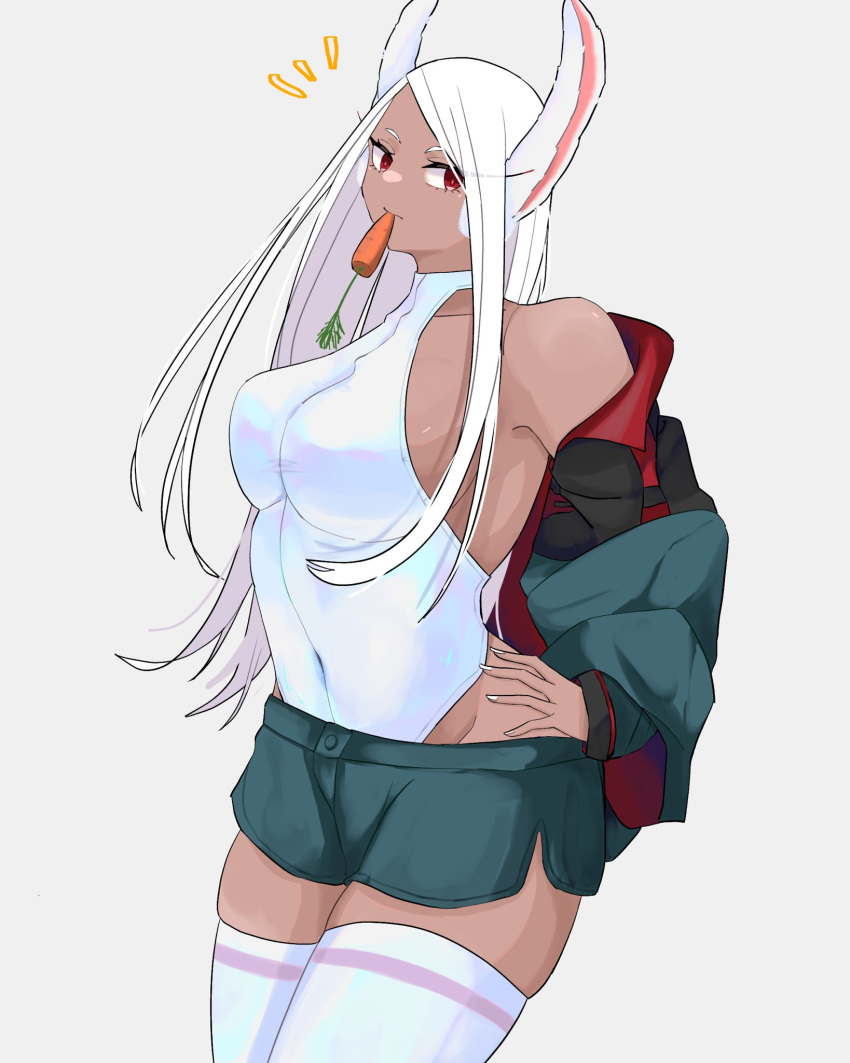 1girl animal_ears asticassia_school_uniform bare_shoulders boku_no_hero_academia breasts carrot cosplay covered_navel dark-skinned_female dark_skin food_in_mouth green_jacket green_shorts gundam gundam_suisei_no_majo halter_leotard halterneck hands_on_own_hips highleg highleg_leotard highres jacket large_breasts leotard leotard_under_clothes long_eyelashes long_hair looking_at_viewer mirko mmsb_551 notice_lines off_shoulder parted_bangs rabbit_ears rabbit_girl red_eyes school_uniform secelia_dote secelia_dote_(cosplay) shorts solo thighhighs thighs toned white_hair white_leotard white_nails white_thighhighs