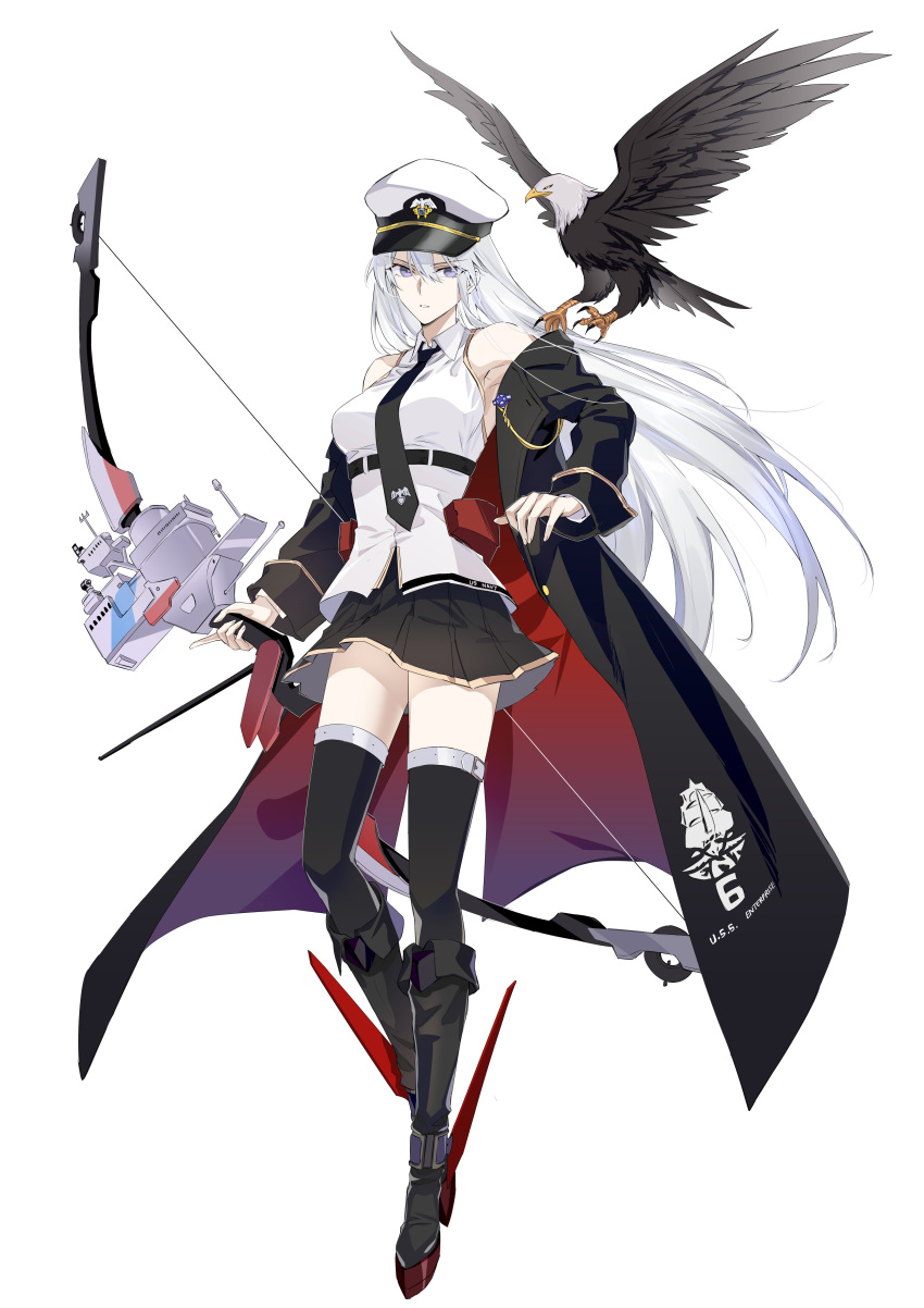 1girl absurdres azur_lane bare_shoulders belt bird black_belt black_coat black_footwear black_necktie black_thighhighs boots bow_(weapon) breasts coat collared_shirt eagle enterprise_(azur_lane) full_body grim_(azur_lane) hat highres holding holding_weapon knee_boots long_coat long_hair looking_at_viewer military military_hat miniskirt necktie off_shoulder open_clothes open_coat peaked_cap purple_eyes rudder_footwear shirt skirt sleeveless sleeveless_shirt solo suprii thighhighs thighhighs_under_boots weapon white_background white_hair white_headwear