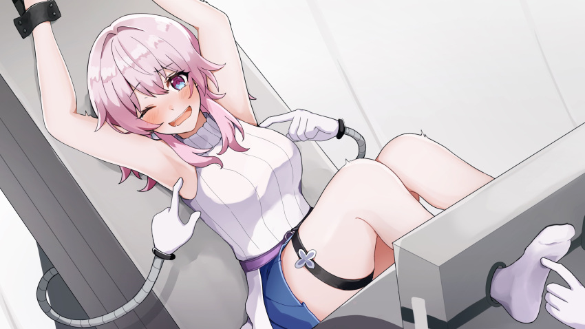 1girl absurdres ankle_socks armpits arms_up bdsm belt blue_skirt blush bondage bound breasts commentary_request commission dutch_angle earrings high_belt highres honkai:_star_rail honkai_(series) jewelry laughing layered_skirt looking_at_viewer march_7th_(feast)_(honkai:_star_rail) march_7th_(honkai:_star_rail) medium_breasts miniskirt mitarashi38o official_alternate_costume one_eye_closed open_mouth purple_belt saliva single_earring skeb_commission skirt sleeveless sleeveless_sweater socks solo sweater thigh_strap tickle_torture tickling white_skirt white_sleeves white_socks white_sweater