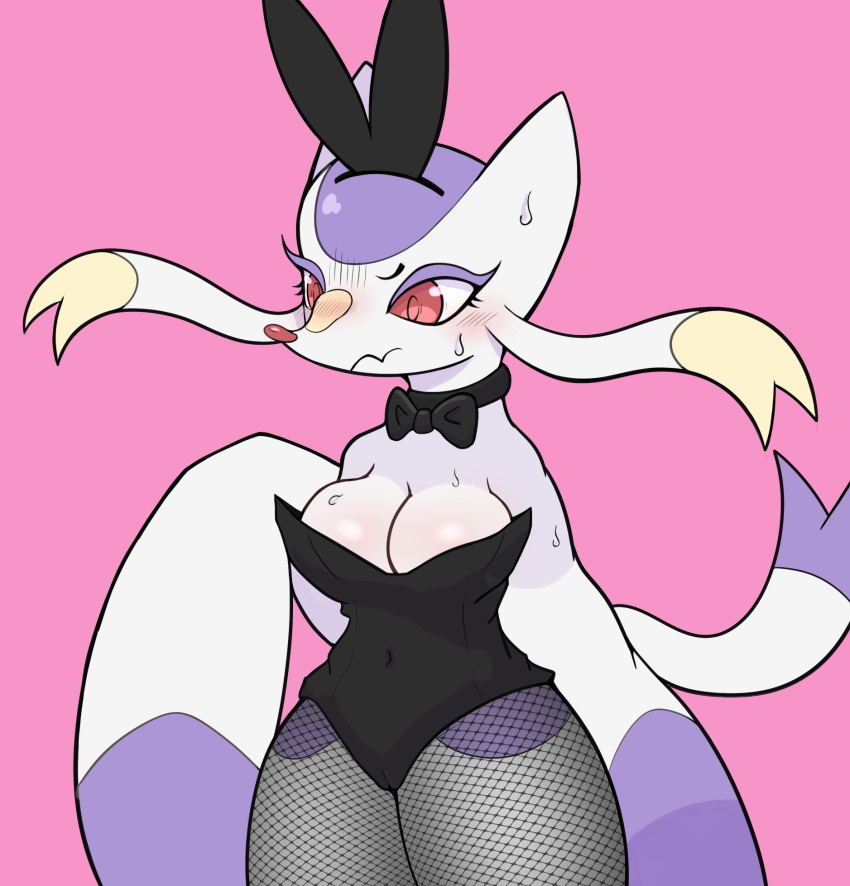 anthro black_bow_tie black_clothing blush bodily_fluids bow_tie breasts camel_toe clothed clothing dipstick_tail eyelashes female fishnet fishnet_legwear fur generation_5_pokemon hi_res legwear markings mienshao navel_outline nintendo pokemon pokemon_(species) purple_body purple_fur purple_tail_tip red_eyes red_nose seegmuh simple_background solo standing sweat tail tail_markings white_body white_fur white_tail yellow_body yellow_fur