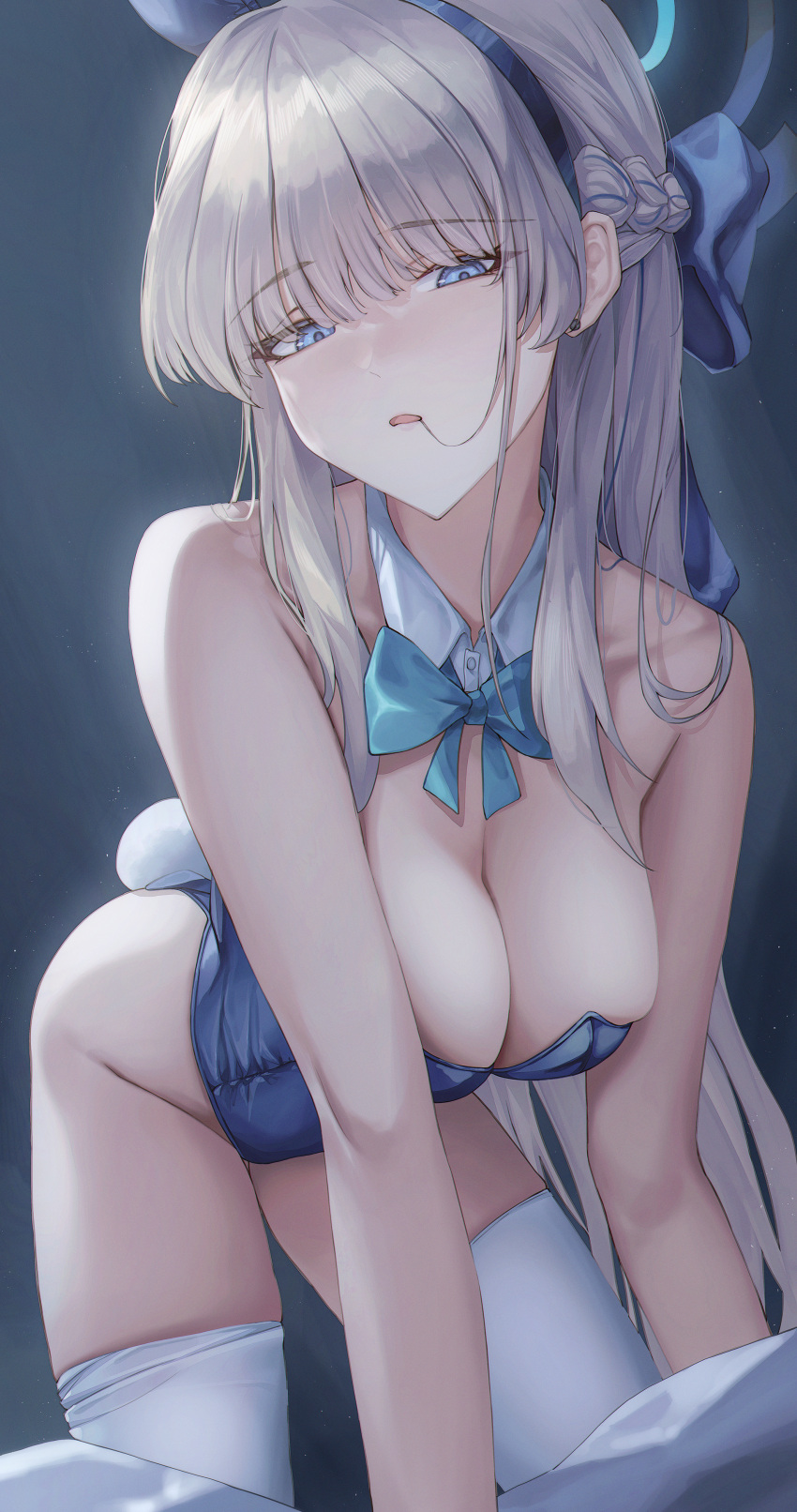 1girl absurdres animal_ears ass blonde_hair blue_archive blue_bow blue_bowtie blue_eyes blue_hair blue_halo blue_leotard bow bowtie braid breasts cleavage commentary detached_collar fake_animal_ears groin halo highres large_breasts leotard long_hair moda_(mo_da_3) multicolored_hair official_alternate_costume open_mouth rabbit_ears rabbit_tail solo strapless strapless_leotard streaked_hair tail thighhighs toki_(blue_archive) toki_(bunny)_(blue_archive) white_thighhighs