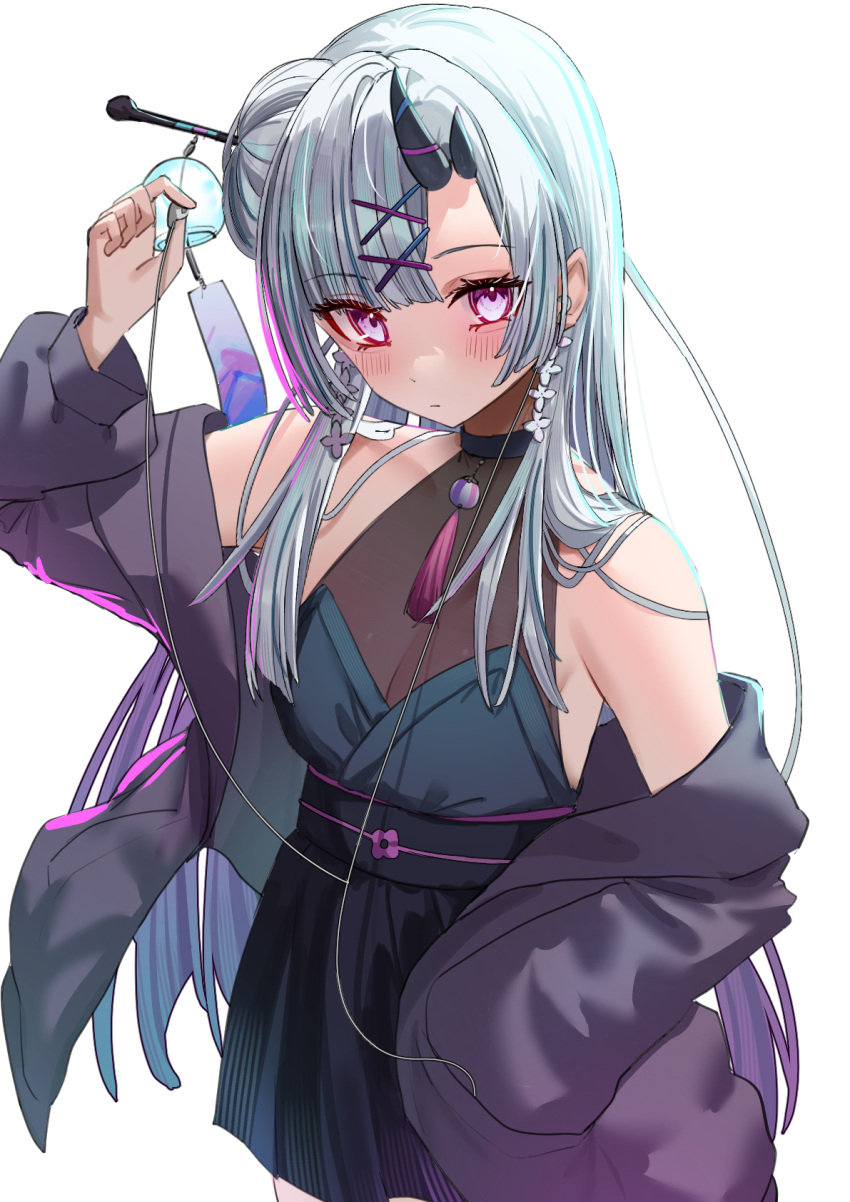 1girl asymmetrical_bangs black_dress breasts cleavage closed_mouth commentary_request commission dress earphones expressionless eyelashes grey_hair hair_bun hair_ornament hanamari_yura highres horns indie_virtual_youtuber jacket long_hair looking_at_viewer off_shoulder purple_eyes purple_jacket see-through see-through_cleavage simple_background single_earphone_removed single_side_bun skeb_commission sleeveless sleeveless_dress solo takeno_omoti virtual_youtuber white_background