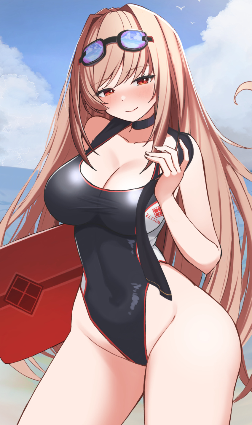 1girl beach black_choker black_one-piece_swimsuit blue_sky breasts brown_hair choker cleavage cloud competition_swimsuit contrapposto day goddess_of_victory:_nikke goggles goggles_on_head highres horizon kickboard large_breasts long_hair looking_at_viewer ocean one-piece_swimsuit outdoors rapi_(nikke) red_eyes sky smile solo swimsuit two-tone_swimsuit wabimochi