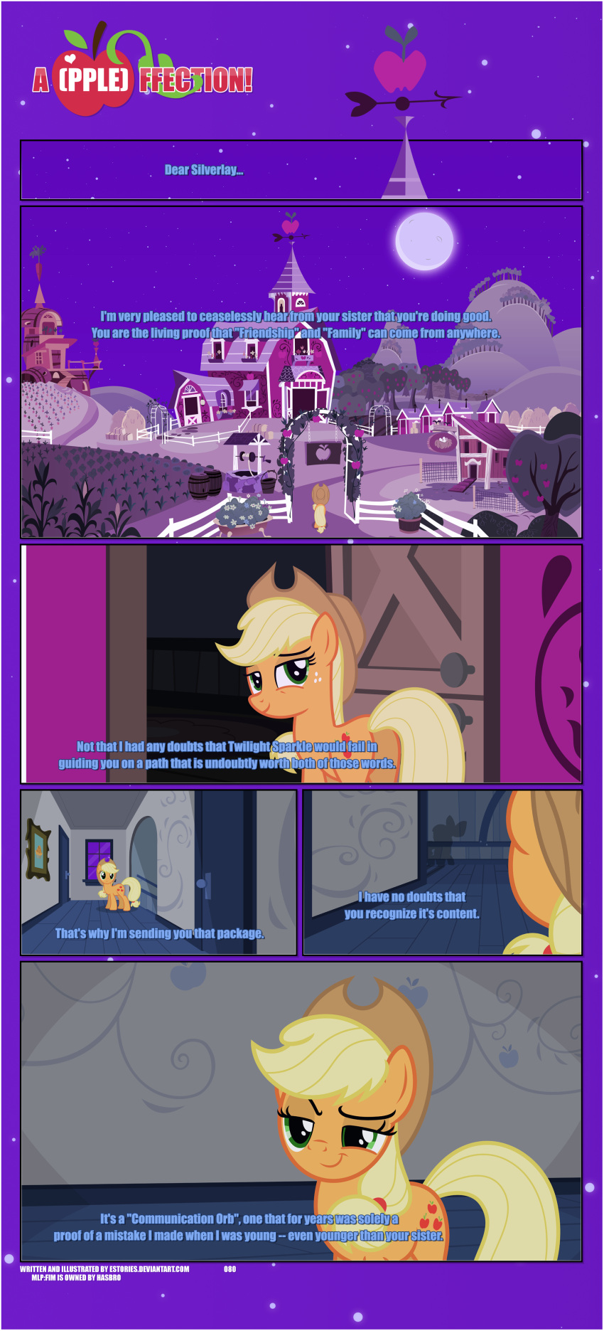 absurd_res apple apple_tree applejack_(mlp) black_border border character_narrating clothing cornstalks cowboy_hat cutie_mark dialogue door doorknob ears_up earth_pony equid equine estories female fence feral food friendship_is_magic fruit fruit_tree full_moon hallway hasbro hat headgear headwear hi_res horse inside mammal moon my_little_pony offscreen_character open_door outside plant pony shadow sky smile smirk solo star starry_sky sweet_apple_acres tree white_fence