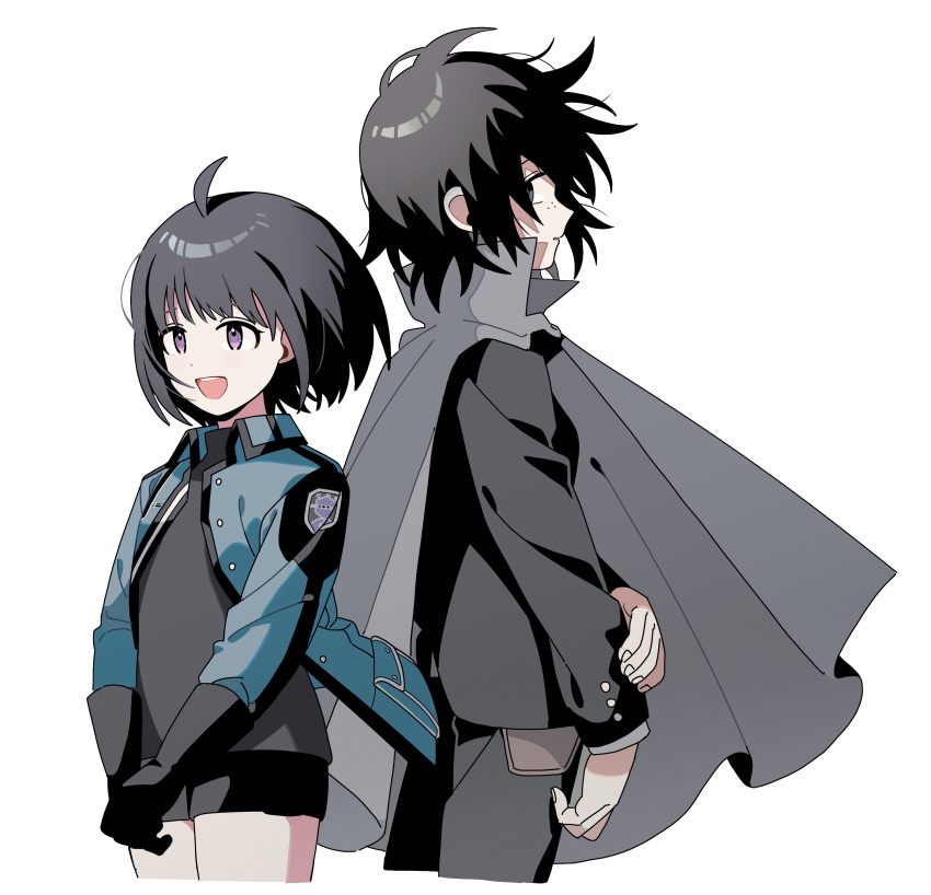 2girls :d absurdres ahoge amatori_chika back-to-back black_gloves black_hair black_jacket black_pants black_shorts blue_jacket bob_cut cropped_legs floating_hair freckles gloves grey_cloak grey_shirt hand_on_own_arm hatohara_mirai highres jacket korean_commentary long_sleeves looking_ahead looking_at_viewer mikumo_squad's_uniform multiple_girls nana_0253 ninomiya_squad's_uniform open_clothes open_jacket open_mouth own_hands_together pants profile purple_eyes shirt short_hair shorts sideways_glance simple_background smile v_arms white_background wind world_trigger