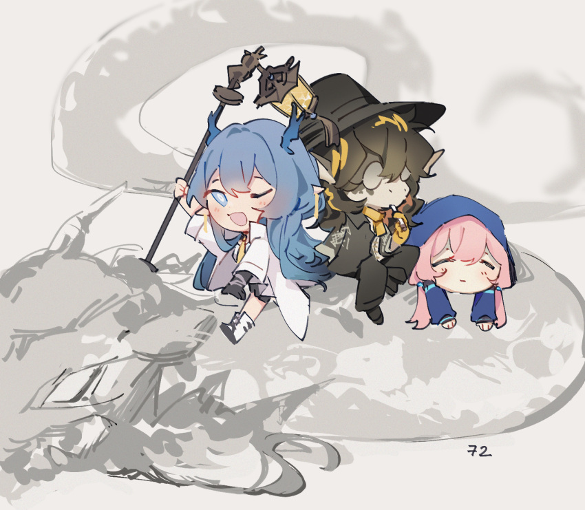 1boy 2girls ;d =_= arknights black_headwear black_jacket black_pants black_shorts blonde_hair blue_eyes blue_hair blue_horns blue_jacket blue_poison_(arknights) blush brown_hair chibi cigarette closed_mouth coat colored_skin dailybloopy dragon_girl dragon_horns earrings glasses grey_background hair_between_eyes hat highres holding holding_staff hood hood_up hooded_jacket horns jacket jewelry lee_(arknights) ling_(arknights) long_hair long_sleeves low_twintails multicolored_hair multiple_girls necktie one_eye_closed open_clothes open_coat open_mouth pants pink_hair pointy_ears shorts sidelocks simple_background smile staff streaked_hair twintails white_coat white_footwear yellow_necktie