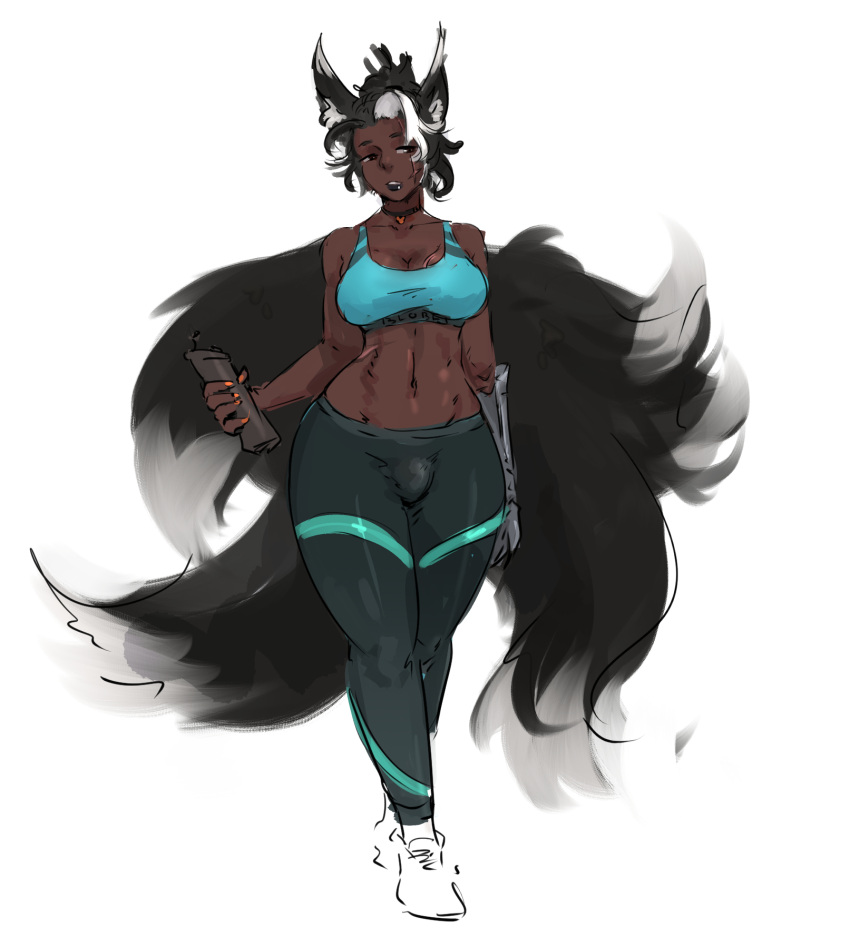 alternate_hairstyle animal_humanoid big_breasts black_body black_fur black_hair black_lips bottle bottomwear bra breasts bulge canid canid_humanoid canine canine_humanoid choker clothed clothing colored_nails container corruption_of_champions_2 dark_body dark_skin digital_media_(artwork) dipstick_tail facial_scar fox_humanoid fur hair herm hi_res humanoid intersex jewelry lips lipstick looking_at_viewer makeup mammal mammal_humanoid markings multi_tail multicolored_body multicolored_fur multicolored_hair nails necklace pants prosthetic prosthetic_arm prosthetic_limb ranelle_otomo scar sketch solo sports_bra tail tail_markings two_tone_body two_tone_fur two_tone_hair underwear water_bottle white_body white_fur white_hair workout_clothing xtatoto yoga_pants