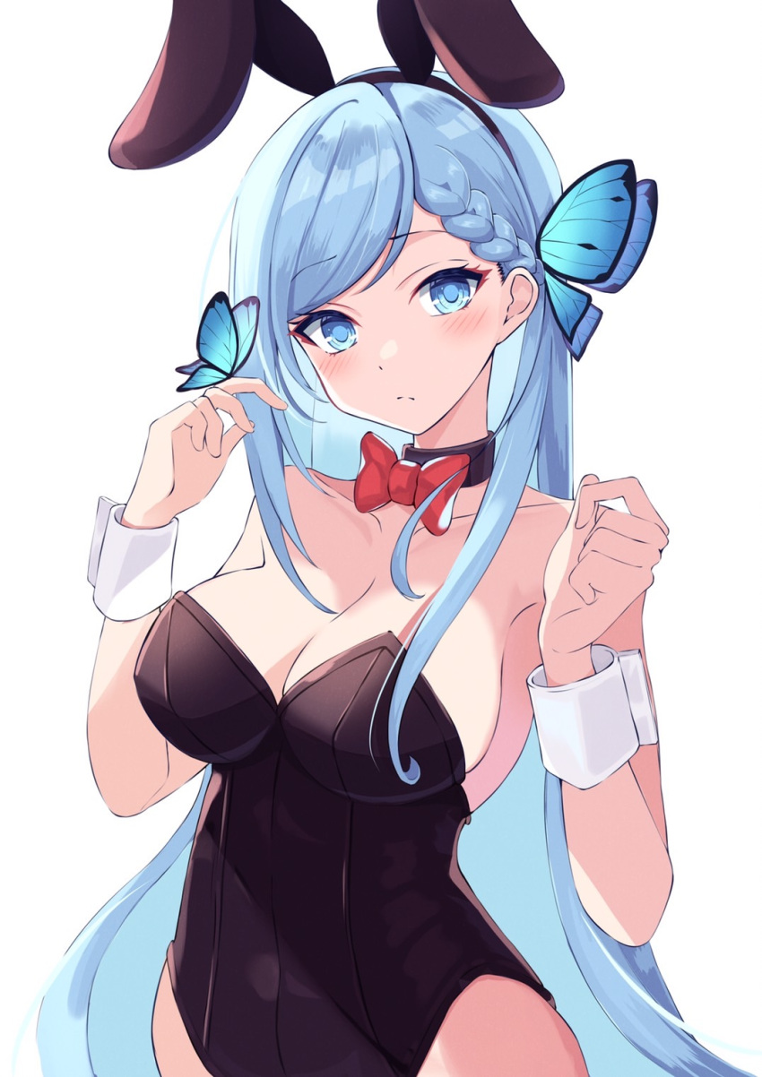 1girl animal_ears bare_shoulders blue_eyes blue_hair blush bow bowtie braid breasts bug butterfly butterfly_hair_ornament cleavage detached_collar fake_animal_ears hair_ornament highres indie_virtual_youtuber large_breasts leotard long_hair looking_at_viewer playboy_bunny pso2kotone rabbit_ears solo strapless swept_bangs tsukino_diana wrist_cuffs