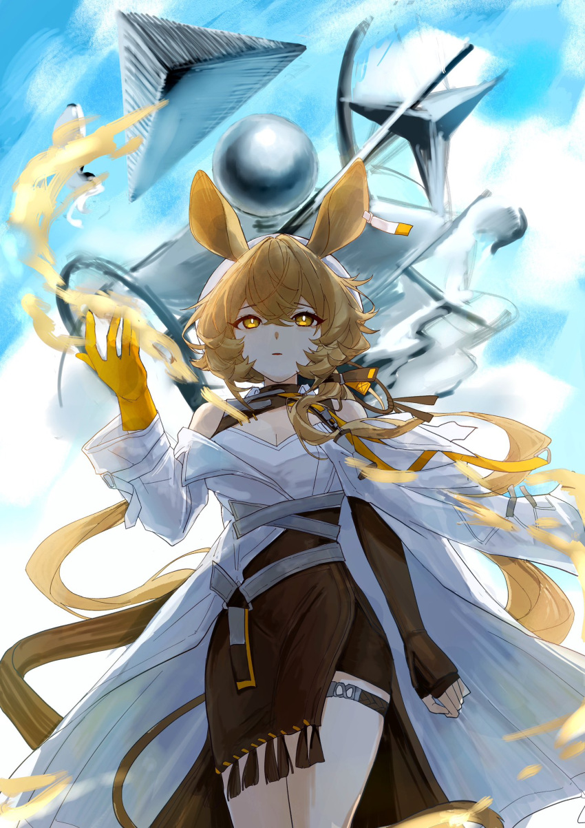 1girl animal_ears arknights asymmetrical_gloves black_gloves blonde_hair blue_sky breasts brown_skirt cleavage cowboy_shot dorothy_(arknights) elbow_gloves fingerless_gloves gloves hair_between_eyes hand_up highres joul_0704 long_sleeves mismatched_gloves mouse_ears mouse_girl object outdoors shirt skirt sky small_breasts solo white_shirt yellow_eyes yellow_gloves