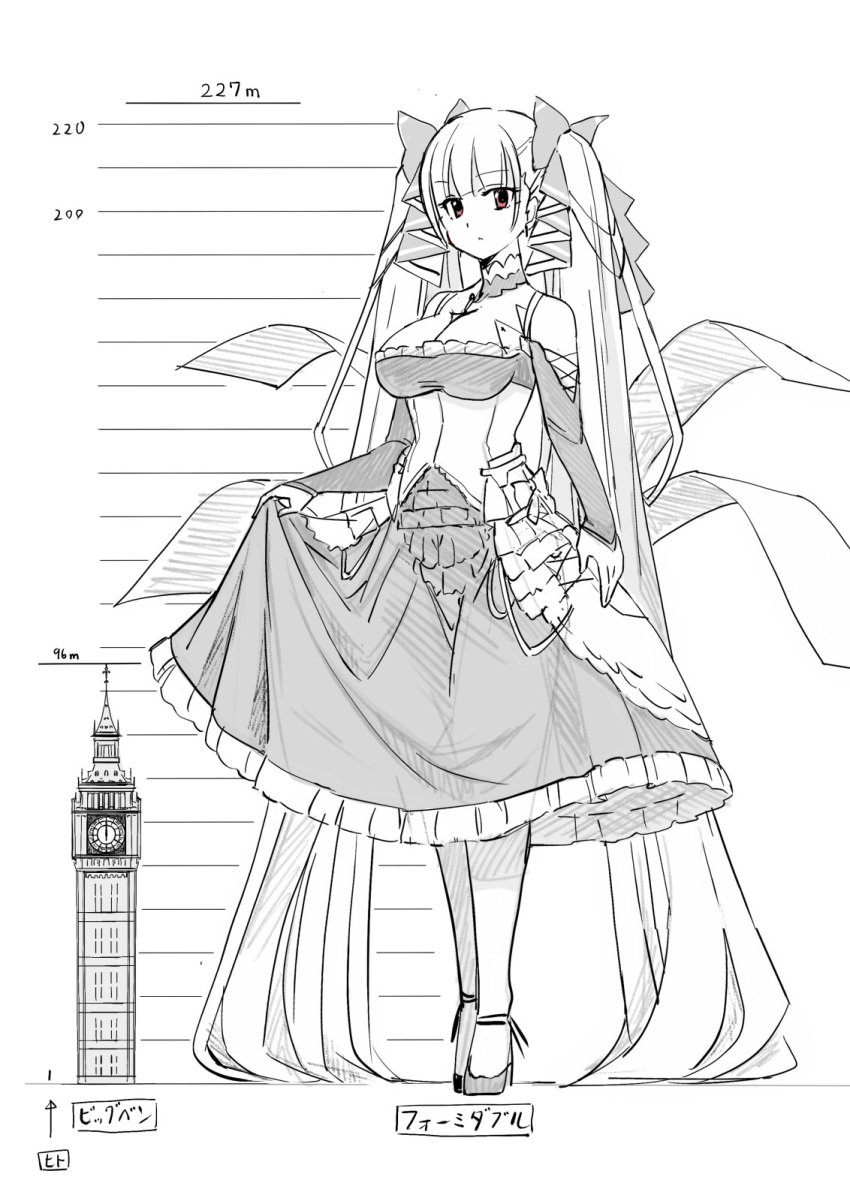 1girl azur_lane bare_shoulders between_breasts bow breasts building chart cleavage clothes_lift detached_sleeves elizabeth_tower formidable_(azur_lane) giant giantess hair_bow height_chart height_mark highres lifted_by_self lolita_fashion long_hair necktie necktie_between_breasts red_eyes seo_tatsuya size_difference skirt skirt_lift solo tall_female twintails white_hair