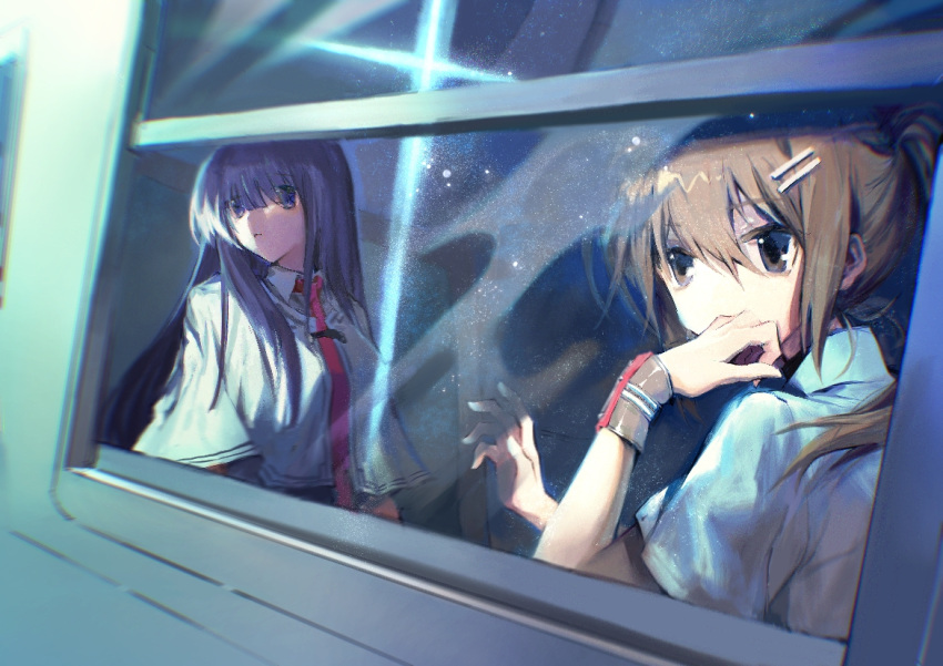 2girls atmospheric_perspective black_hair bracelet brown_hair cross from_outside hair_ornament hairclip jewelry long_hair looking_outside minakami_yuki multiple_girls necktie ponytail red_necktie school_uniform shirt short_hair sky star_(sky) starry_sky subarashiki_hibi takashima_zakuro train_interior very_long_hair white_shirt window