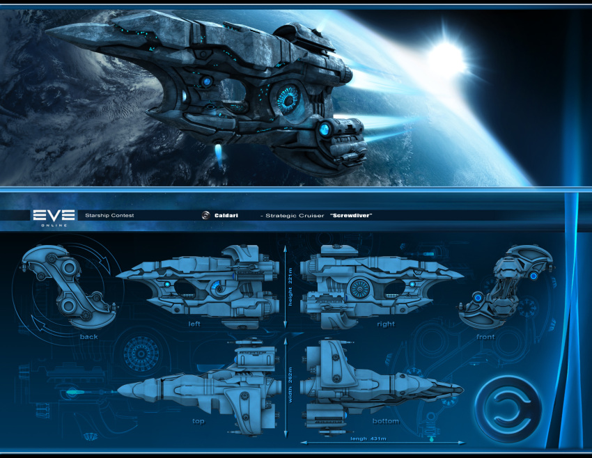 3d blue_theme caldari_state_(eve_online) cannon capp007 cloud commentary concept_art copyright_name cruiser_(eve_online) emblem energy_cannon eve_online flying from_side glowing highres in_orbit letterboxed logo military_vehicle multiple_views no_humans ocean original outdoors planet realistic reference_sheet science_fiction space spacecraft star_(sky) strategic_cruiser_(eve_online) tech_3_ship_(eve_online) thrusters vehicle_focus vernier_thrusters