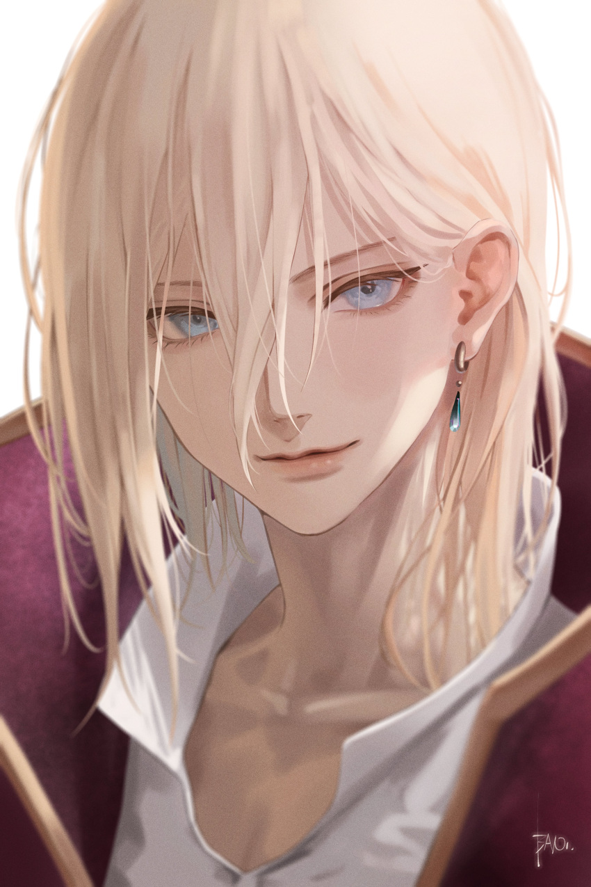 1boy absurdres bani-lizo bishounen blonde_hair blue_eyes blurry closed_mouth collarbone depth_of_field earrings eyelashes hair_behind_ear hair_between_eyes high_collar highres howl_(howl_no_ugoku_shiro) howl_no_ugoku_shiro jacket jewelry light_smile lips looking_at_viewer male_focus medium_hair portrait red_jacket shirt signature simple_background single_earring solo studio_ghibli white_background white_shirt