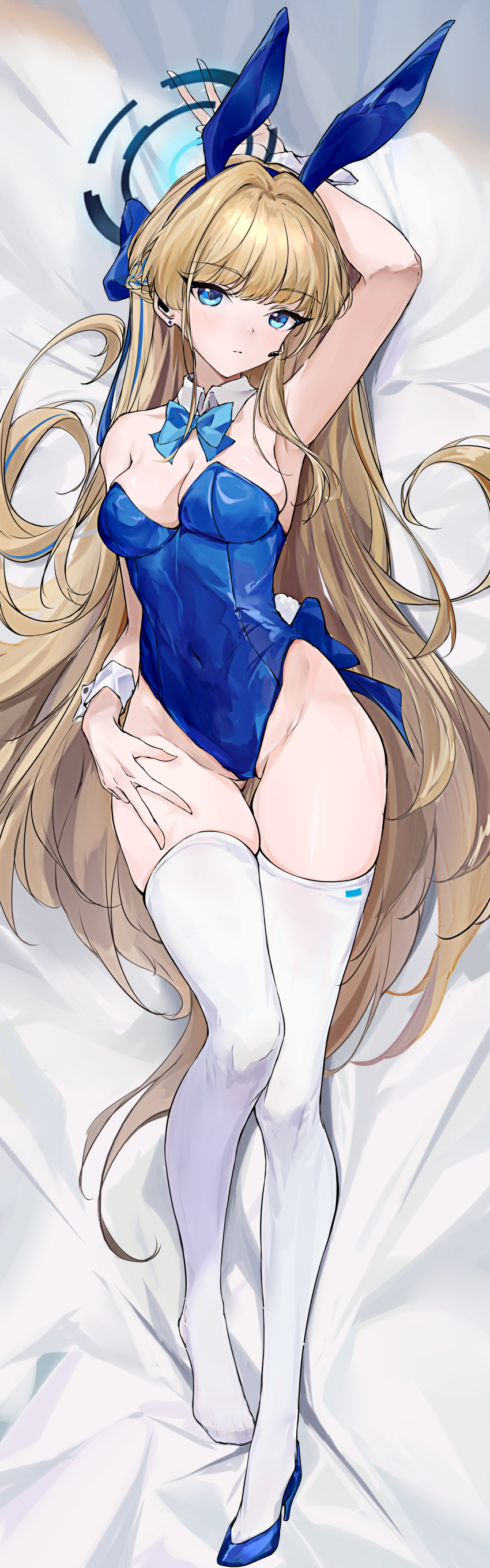 1girl absurdres animal_ears arm_up blonde_hair blue_archive breasts dakimakura_(medium) full_body hermityy highres lying medium_breasts on_back playboy_bunny rabbit_ears solo toki_(blue_archive) toki_(bunny)_(blue_archive)