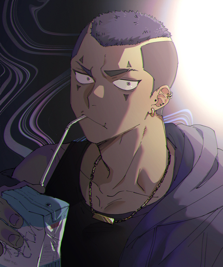 1boy absurdres black_tank_top drinking drinking_straw earrings facial_tattoo gold_necklace highres hood hoodie jewelry juice_box male_focus mouth_piercing nachos_(chos_na) necklace open_clothes open_hoodie original piercing short_hair solo tank_top tattoo undercut