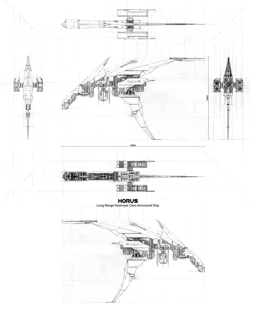 battleship_(eve_online) blueprint_(medium) commentary concept_art eve_online from_side greyscale highres machinery military_vehicle monochrome multiple_views no_humans original reference_sheet science_fiction spacecraft terraldo thrusters traditional_media
