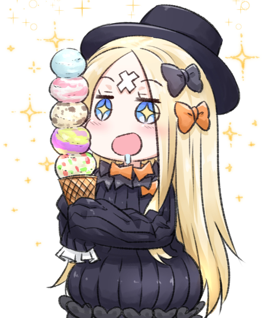 +_+ 1girl :d abigail_williams_(fate) black_bow black_dress black_headwear blonde_hair blue_eyes blush bow bug butterfly dress drooling fate/grand_order fate_(series) food hair_bow hat highres holding holding_food ice_cream ice_cream_cone long_hair long_sleeves neon-tetora orange_bow parted_bangs puffy_long_sleeves puffy_sleeves simple_background sleeves_past_fingers sleeves_past_wrists smile solo sparkle too_many too_many_scoops very_long_hair white_background