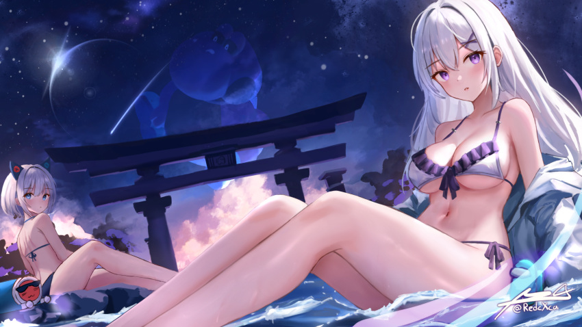 2girls alisa_(osu!) among_us animal_ears bikini blue_(among_us) blue_eyes blush breasts chirou_(osu!) cleavage fake_animal_ears feet_out_of_frame frills halterneck highres jacket large_breasts legs long_hair multiple_girls navel open_mouth osu! purple_eyes redcxca ribbon short_hair side-tie_bikini_bottom sitting sunglasses swimsuit taiko_no_tatsujin torii water watermark white_hair yoshi