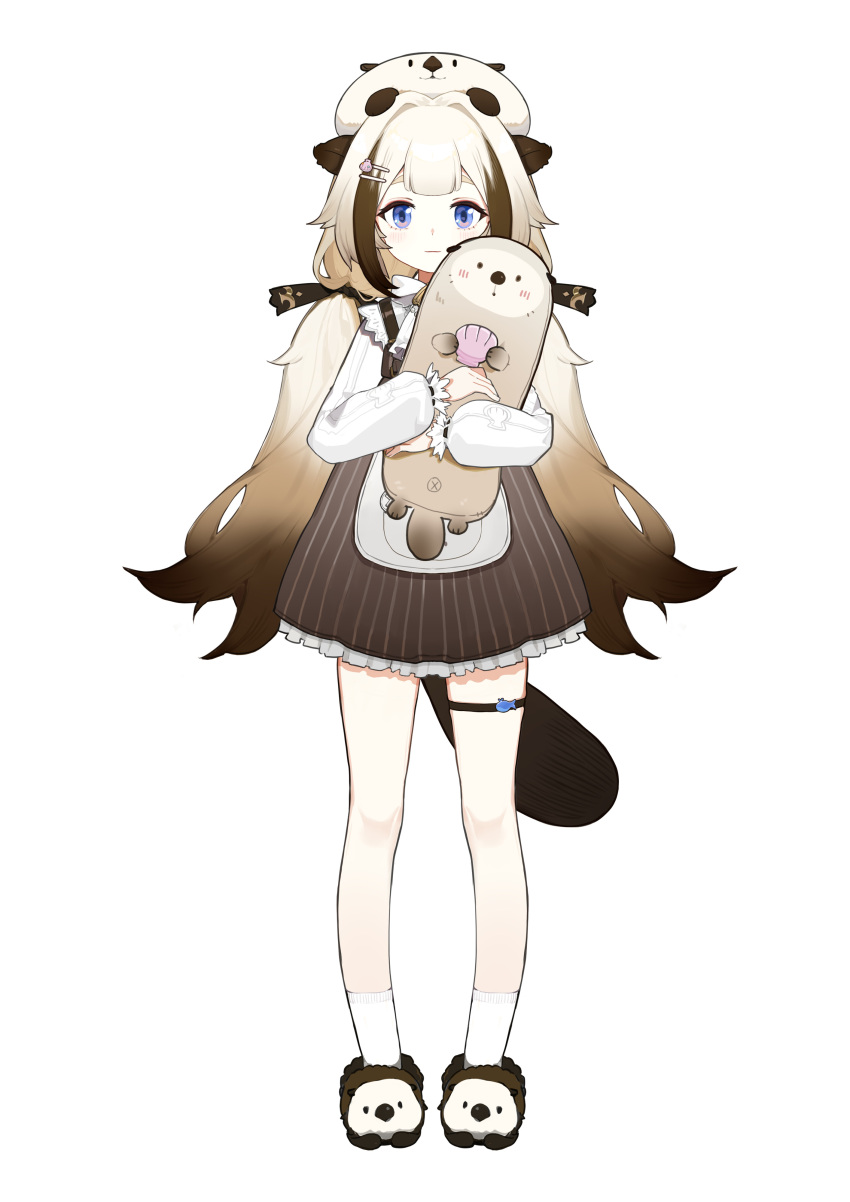 1girl :| absurdres animal_ears animal_on_head animal_slippers ankle_socks blue_eyes blush bow bowtie brown_dress brown_footwear brown_hair brown_ribbon closed_mouth dress facing_viewer full_body gradient_hair hair_intakes hair_ornament hair_ribbon hairclip highres holding holding_shell holding_stuffed_toy long_hair long_sleeves looking_at_viewer low_twintails multicolored_hair nijisanji official_art on_head otter_ears otter_girl otter_tail overall_skirt puffy_long_sleeves puffy_sleeves ribbon sea_otter shell shiori_(virtuareal) shirt short_dress slippers socks solo standing streaked_hair striped striped_dress stuffed_otter stuffed_toy tachi-e tail thigh_strap twintails vertical-striped_dress vertical_stripes very_long_hair virtual_youtuber virtuareal white_background white_bow white_bowtie white_hair white_shirt white_socks