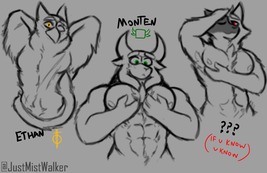 absurd_res anthro armpit_hair avian barazoku bird body_hair bovid caprine chest_tuft domestic_cat ethan(the_mist_walker) felid feline felis goat happy_trail hi_res looking_at_viewer male male/male mammal merthis monten_smith pecs pecs_touching pose sketch the_mist_walker tuft