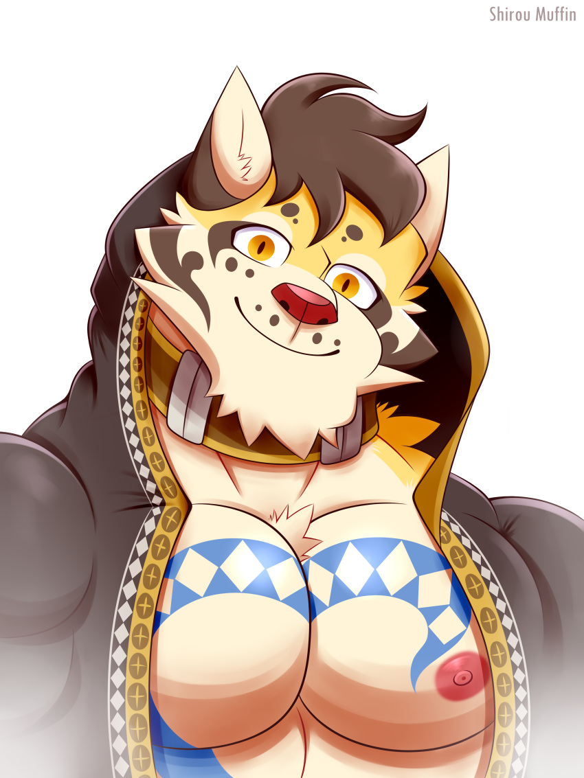 absurd_res anthro clouded_leopard felid hi_res likulau male male/male mammal nekojishi pantherine pecs shirou_muffin solo studio_klondike tattoo visual_novel