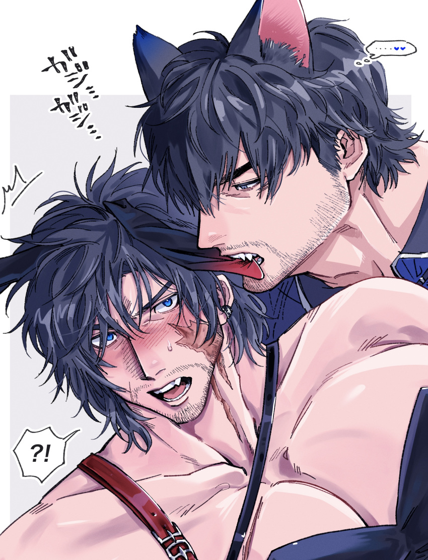 !? 2boys absurdres animal_ears bara barnabas_tharmr beard_stubble biting black_hair blush bunny_day chi_no_su chinstrap_beard clive_rosfield couple ear_biting final_fantasy final_fantasy_xvi highres jitome kemonomimi_mode kuudere large_pectorals leash leotard looking_at_another male_focus male_playboy_bunny mature_male multiple_boys muscular muscular_male pectoral_cleavage pectorals rabbit_ears scar scar_on_cheek scar_on_face short_hair spoken_interrobang thick_eyebrows translation_request upper_body wolf_ears yaoi