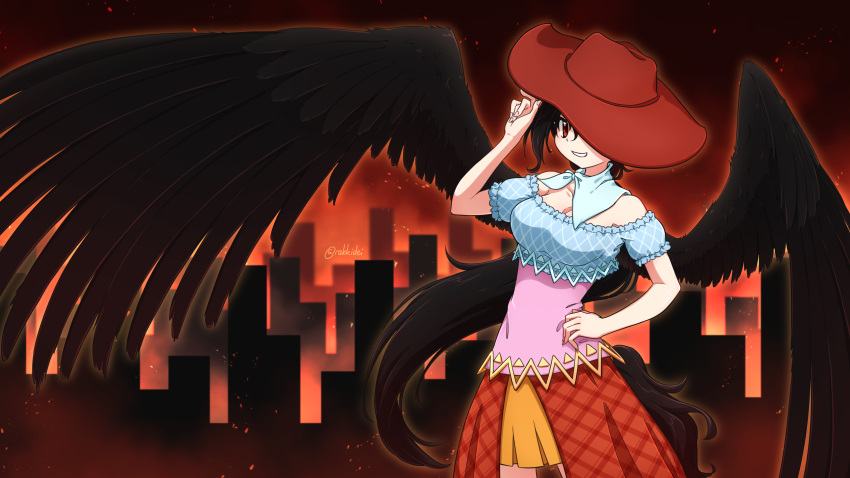 1girl absurdres bare_shoulders black_hair breasts building cleavage collarbone cowboy_hat cowboy_shot frilled_sleeves frills hat highres horse_girl horse_tail kurokoma_saki large_hat large_wings long_hair looking_at_viewer miniskirt multicolored_clothes patchwork_clothes pegasus_wings ponytail rakkidei red_eyes skirt smile solo tail teeth touhou twitter_username very_long_hair wings