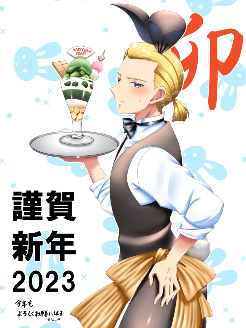 1boy alternate_costume animal_ears apron archaic_japanese_text black_bow blonde_hair blue_eyes blush bow dated expressionless fake_animal_ears fake_tail final_fantasy final_fantasy_tactics food fwa_rw hand_on_leg highres holding holding_tray ice_cream looking_at_viewer mustadio_bunansa ponytail rabbit_ears rabbit_tail solo tail tray waitress