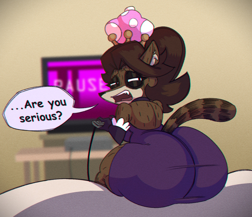 anthro big_butt brown_body brown_fur butt cartoon_network controller crossgender dialogue female fur garbageboxxxed hi_res holding_controller holding_object huge_butt looking_back mammal mtf_crossgender procyonid raccoon regular_show rigbette_(benson_dancing) rigby_(regular_show) thick_thighs