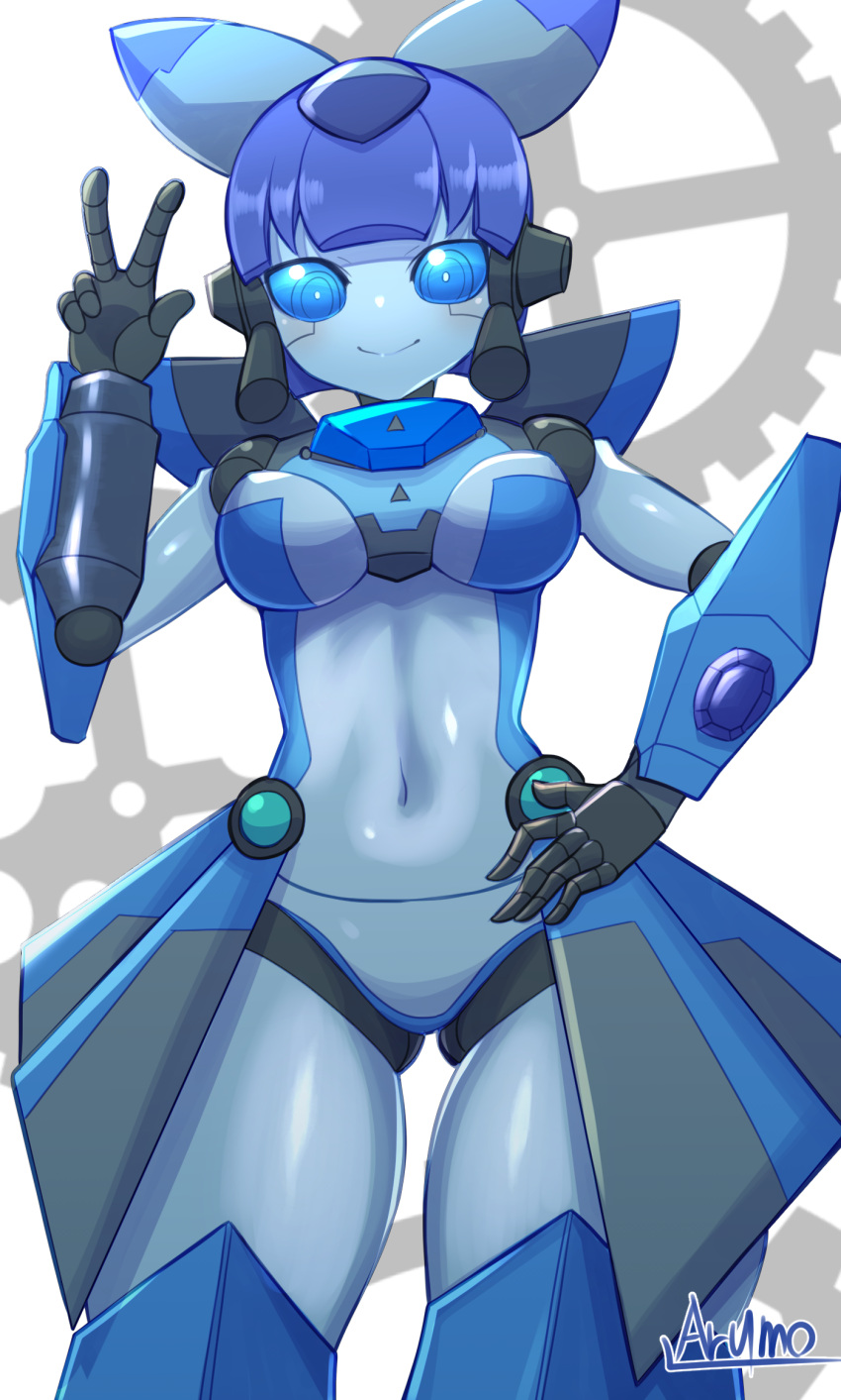 1girl blue_eyes blue_hair borrowed_character breasts closed_mouth hand_on_own_hip highres humanoid_robot large_breasts looking_at_viewer navel original robot robot_girl ryuusui_arumo short_hair smile solo v