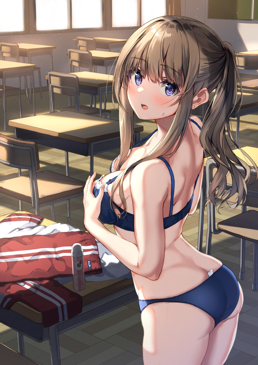 1girl :o arched_back ass bare_arms bare_legs black_bra black_panties blush bra breasts brown_hair butt_crack chair chalkboard commentary_request desk gym_uniform highres long_hair looking_at_viewer medium_breasts original panties ponytail purple_eyes red_track_suit school_chair school_desk shoulder_blades sidelocks solo standing tag track_suit unasaka_ryou underwear window wooden_floor