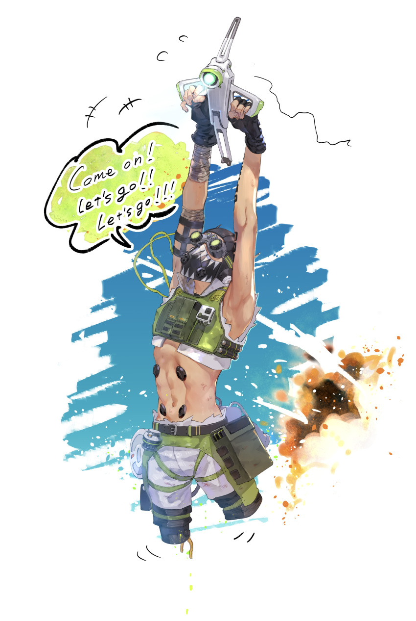 1boy abs absurdres apex_legends arm_tattoo armpits bandaged_arm bandages black_gloves black_headwear covered_mouth cropped_shirt cropped_vest english_text explosion fingerless_gloves flying gloves goggles green_vest grey_shirt grey_shorts hack_(apex_legends) highres holding kawaniwa looking_up male_focus mask mouth_mask navel non-humanoid_robot octane_(apex_legends) robot shirt shorts sky speech_bubble tattoo vest