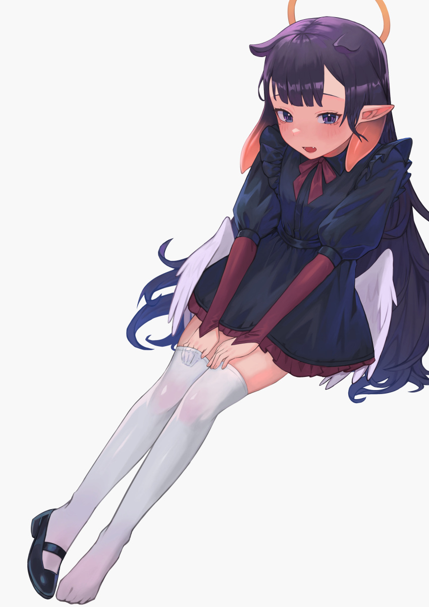 1girl absurdres blue_eyes blush dress feathered_wings gradient_hair halo hands_on_own_thighs highres hololive hololive_english kiwwwwwi long_hair long_sleeves low_wings mole mole_under_eye multicolored_hair ninomae_ina'nis open_mouth pointy_ears shoes simple_background single_shoe smile solo tentacle_hair tentacles thighhighs virtual_youtuber white_background wings