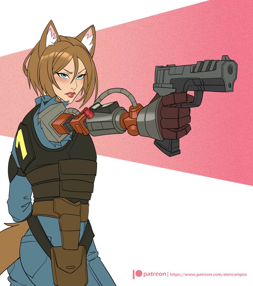 action_pose alanscampos animal_ears animal_humanoid armor bethesda_softworks blue_eyes brown_hair canid canid_humanoid canine canine_humanoid carina_(giantburger) cybernetic_arm cybernetic_limb fallout female fox_ears fox_humanoid gun hair handgun hi_res humanoid inner_ear_fluff mammal mammal_humanoid pistol pose ranged_weapon solo tail tuft weapon