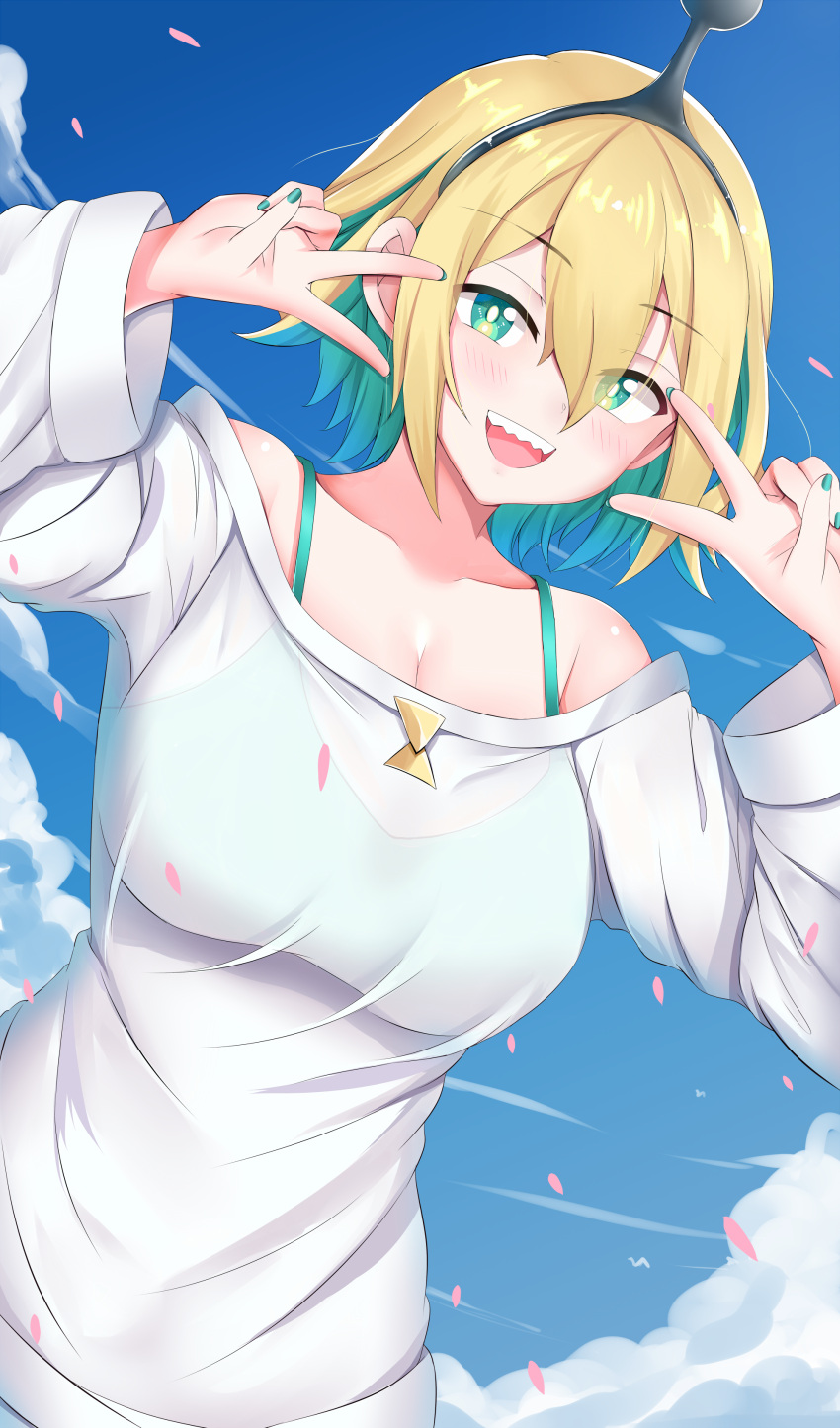 1girl :d absurdres amano_pikamee breasts collarbone double_v green_hair hair_between_eyes highres large_breasts looking_at_viewer open_mouth pixcel sharp_teeth shirt smile solo teeth v virtual_youtuber voms white_shirt