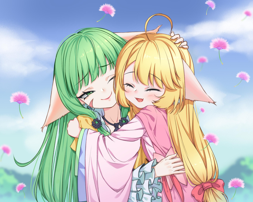 2girls ;) absurdres ahoge animal_ears blonde_hair blue_sky blurry blurry_background blush chinese_clothes closed_eyes cloud dress ears_down facial_mark fang fox_ears frilled_sleeves frills green_eyes green_hair hand_on_another's_head hand_on_another's_shoulder hanfu headpat highres hug huyao_xiao_hongniang kumu_zaisheng long_hair long_sleeves low-tied_long_hair mountain multiple_girls one_eye_closed open_mouth pink_dress siblings sisters skin_fang sky smile tushan_rongrong tushan_susu upper_body very_long_hair wide_sleeves