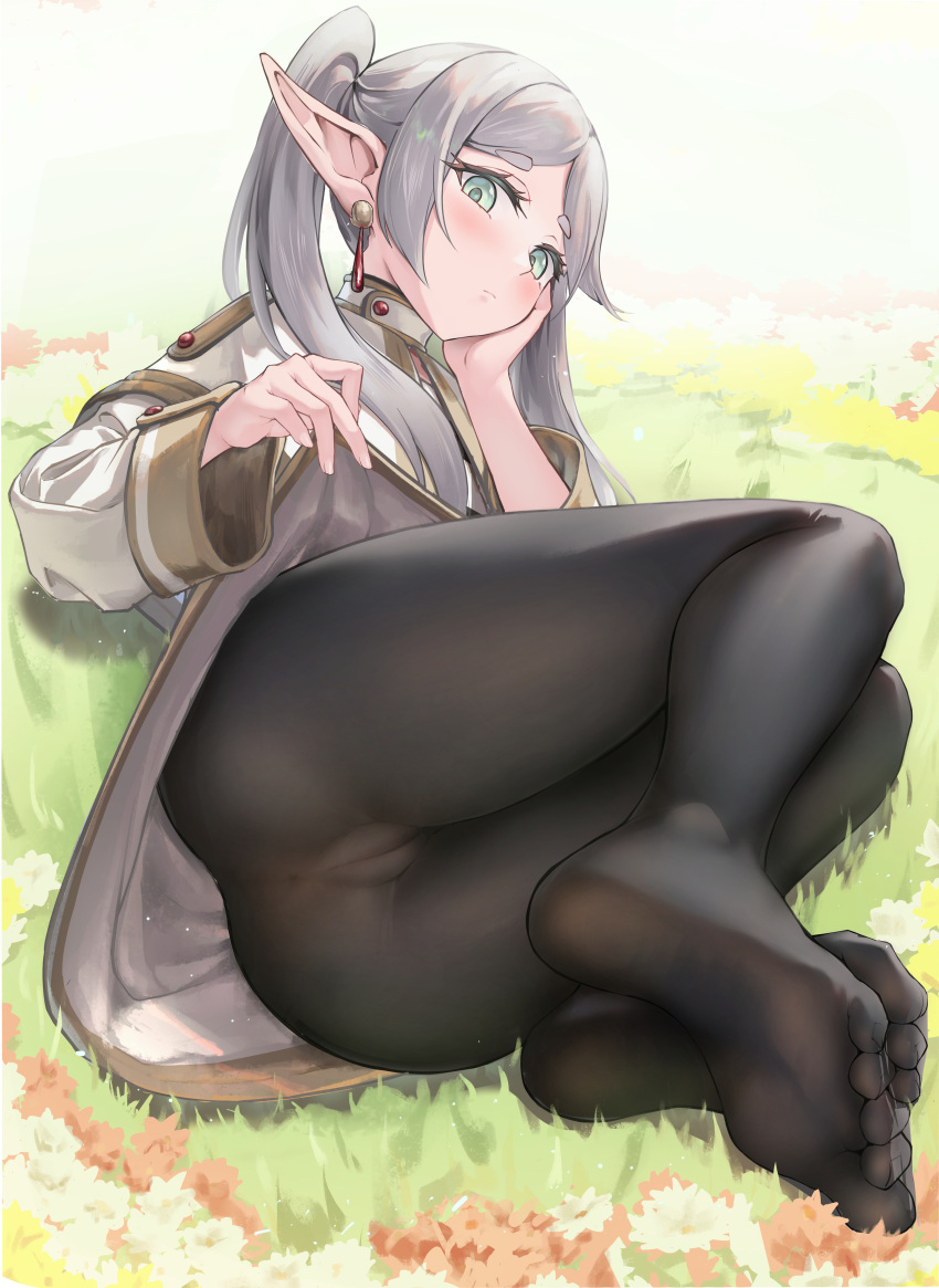 1girl absurdres ass black_pantyhose cameltoe capelet closed_mouth clothes_lift commentary_request dangle_earrings earrings elbow_rest elf field flower flower_field frieren full_body green_eyes grey_hair head_rest highres jacket jewelry lifted_by_self long_hair looking_at_viewer lying no_shoes on_ground on_side outdoors pantyhose parted_bangs pointy_ears skirt skirt_lift soles solo sousou_no_frieren toes twintails white_capelet white_jacket white_skirt yuye