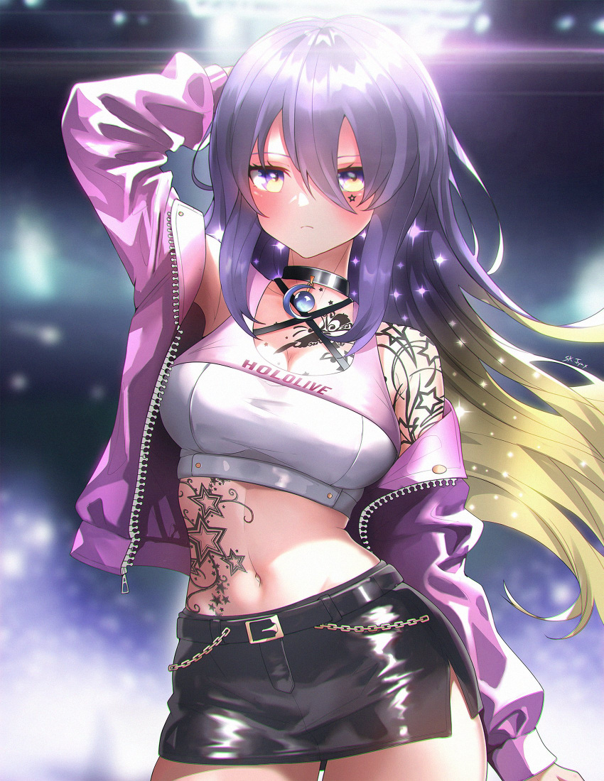 1girl armpits belt black_belt black_choker black_skirt blonde_hair blush breasts choker crescent_choker hand_on_own_head highres hololive hololive_indonesia jacket long_hair looking_at_viewer medium_breasts midriff miniskirt moona_hoshinova multicolored_hair navel off_shoulder pencil_skirt pink_jacket purple_eyes shoulder_tattoo sk_jynx skirt solo star_tattoo stomach_tattoo tattoo two-tone_hair virtual_youtuber