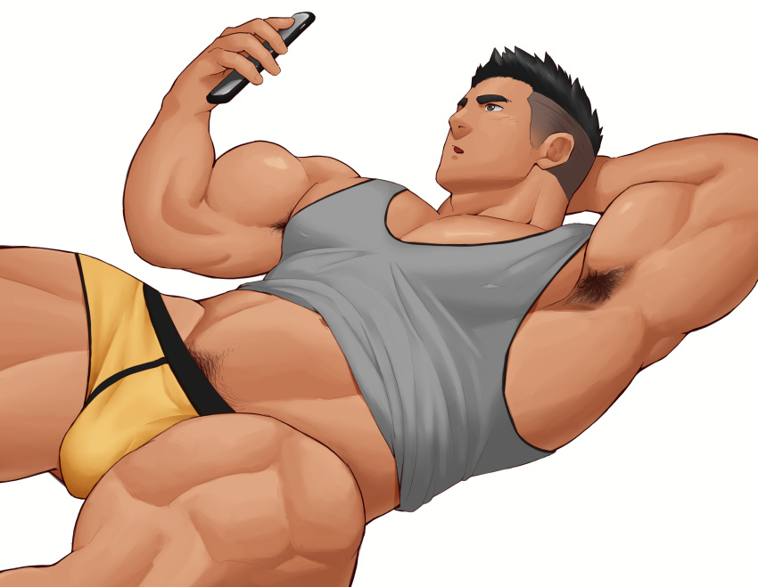 1boy :o absurdres armpit_hair armpit_hair_peek armpits bara biceps black_hair blush boxer_briefs bulge clothes_lift covered_nipples dark-skinned_male dark_skin feet_out_of_frame grey_tank_top highres holding holding_phone kansuke_(kansuke_717) large_pectorals lying male_focus male_pubic_hair male_underwear midriff_peek muscular muscular_male navel on_back original pectorals phone pubic_hair pubic_hair_peek shirt_lift short_hair sitting solo spread_legs tank_top thick_eyebrows thick_thighs thighs twitter_banner undercut underwear white_background yellow_male_underwear