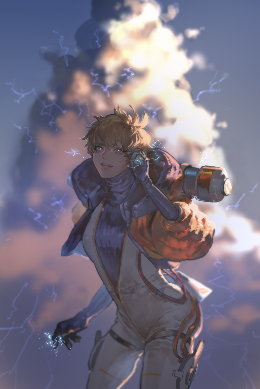 1girl absurdres apex_legends blonde_hair blue_bodysuit blue_eyes blue_gloves bodysuit breasts cable cloud electricity floating_hair gloves hand_on_own_cheek hand_on_own_face highres hood hood_down hooded_jacket jacket kawaniwa lichtenberg_figure looking_at_viewer medium_breasts open_mouth ribbed_bodysuit scar scar_on_cheek scar_on_face short_hair sky smile solo thigh_strap wattson_(apex_legends) white_bodysuit