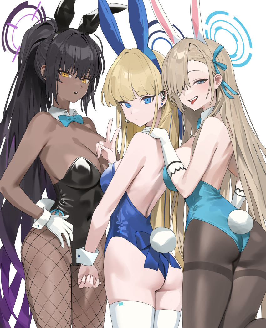 3girls :p animal_ears ass asuna_(blue_archive) asuna_(bunny)_(blue_archive) black_hair black_leotard blonde_hair blue_archive blue_eyes blue_leotard bow bowtie breasts brown_pantyhose commentary dark-skinned_female dark_skin detached_collar earpiece english_commentary fake_animal_ears fake_tail fishnet_pantyhose fishnets gloves hair_over_one_eye halo hand_on_another's_shoulder high_ponytail highres hood_(james_x) karin_(blue_archive) karin_(bunny)_(blue_archive) large_breasts leotard long_hair looking_at_viewer medium_breasts microphone multiple_girls official_alternate_costume pantyhose playboy_bunny rabbit_ears rabbit_tail strapless strapless_leotard tail thighband_pantyhose thighhighs toki_(blue_archive) toki_(bunny)_(blue_archive) tongue tongue_out v very_long_hair white_gloves white_thighhighs wrist_cuffs yellow_eyes