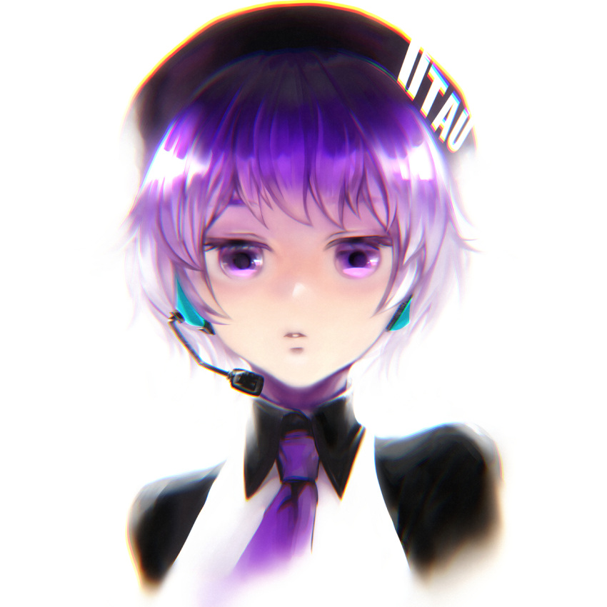 1girl beret black_sleeves chromatic_aberration collared_shirt commentary_request copyright_name cropped_shoulders expressionless hat headphones highres looking_at_viewer mezazzz microphone necktie parted_lips purple_eyes purple_hair purple_necktie shirt short_hair simple_background solo straight-on utane_uta utau vest white_background white_vest