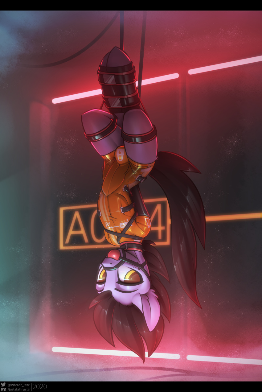 absurd_res ball_gag chastity_device clothing enslaved feral gag harness hasbro hi_res justafallingstar lock_symbol male my_little_pony null_bulge prisoner rubber rubber_clothing rubber_suit solo suspension upside_down wing_mccallister